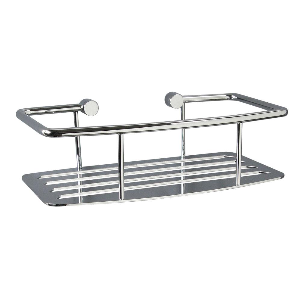 chrome shower shelf with a solid flat base with horizontal cut out lines for drainage, there is a wire rail along all outer edges of the shelf