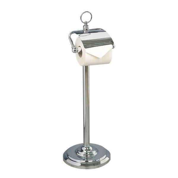 chrome freestanding double post toilet roll holder with lid on top of a straight stand with round circular base, there is a ring at the top