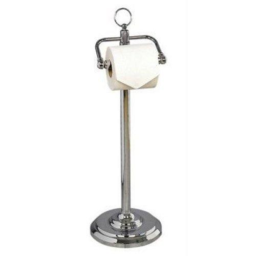 chrome freestanding double post toilet roll holder on top of a straight stand with round circular base and a ring on the top