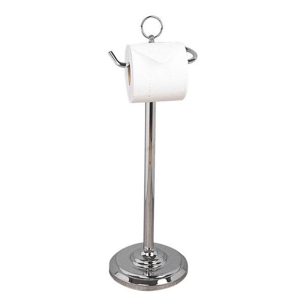 chrome freestanding double open toilet roll holder on top of a straight stand with round circular base and a ring on the top