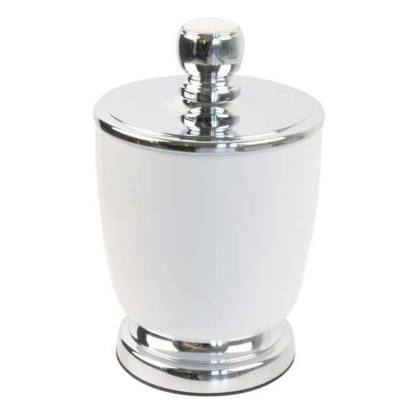 white ceramic jar with a round chrome base and lit with round handle on the top in the centre