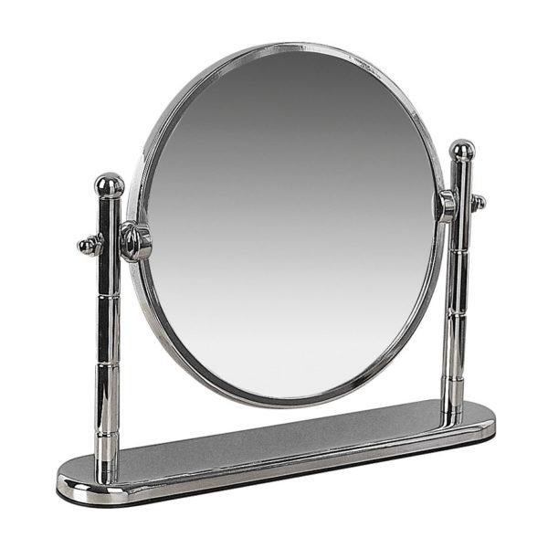 chrome mirror with swivel hinges held up by two posts on a long rectangular base with rounded ends