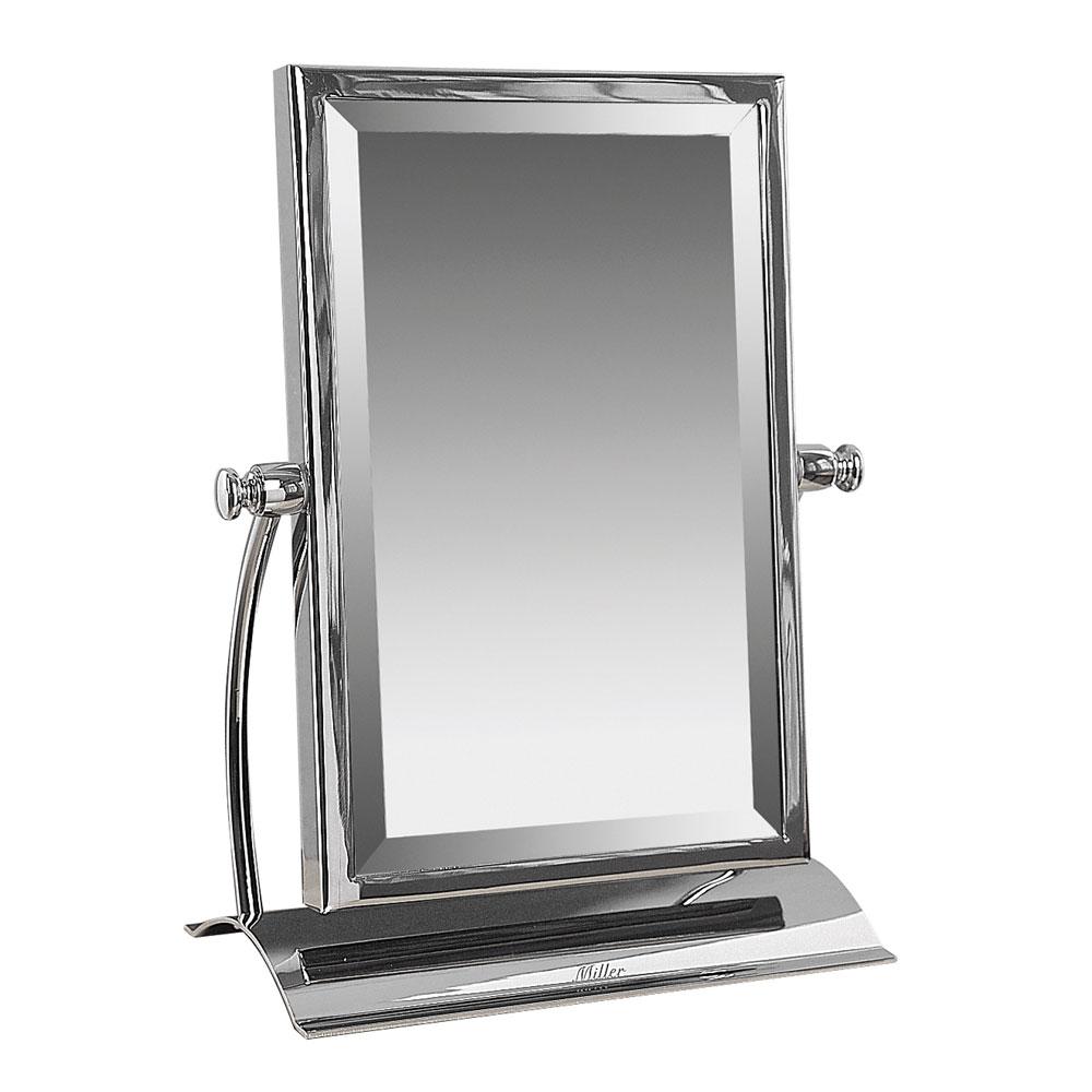 small rectangular bevelled mirror attached to a chrome stand with swivel hinges