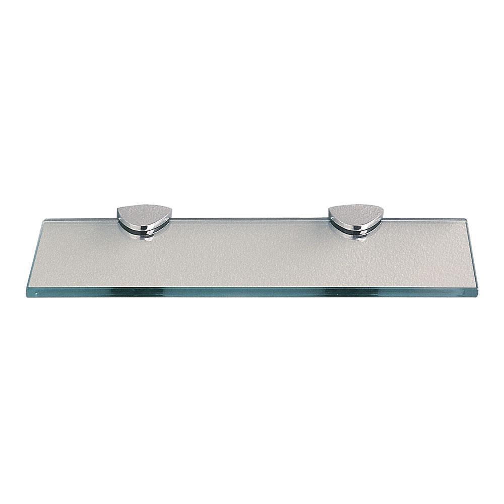 straight rectangular glass shelf held up by two D-shaped chrome brackets