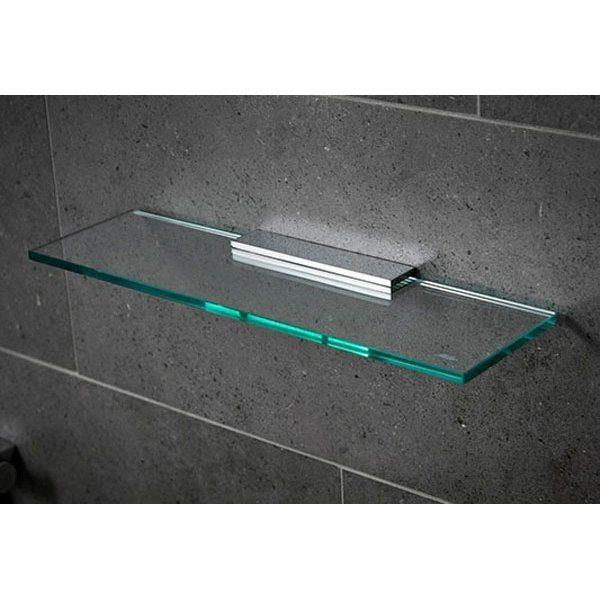 straight rectangular glass shelf held up by a single long ,rectangular chrome bracket on a grey tiled wall
