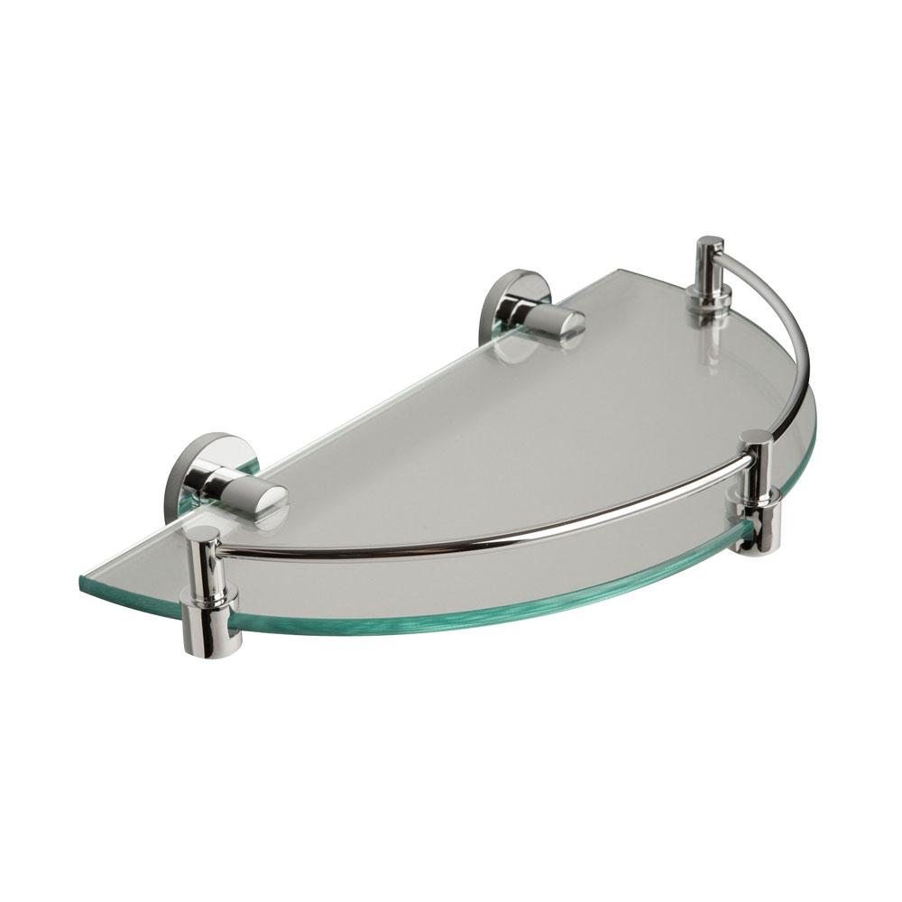 semi-circular glass shelf with a rounded outer edge held up by two chrome brackets on the straight side with circular wall plates, around the outer edge is a chrome rail.
