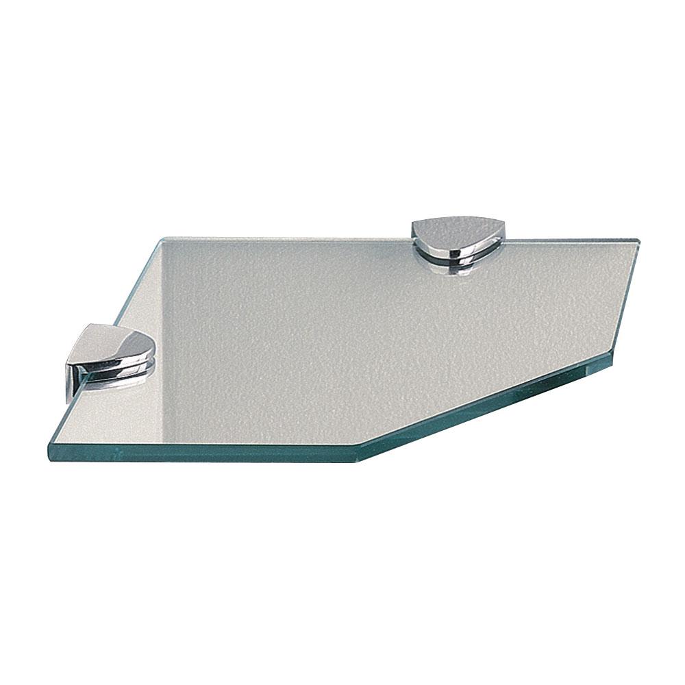 corner glass shelf with an angled outer edge held up by two D-shaped chrome brackets