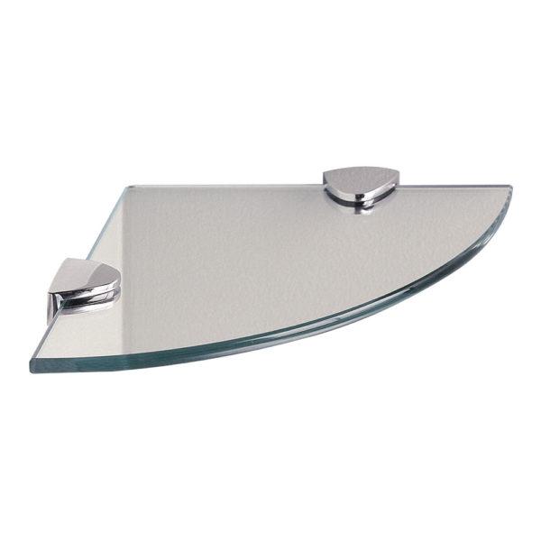 corner glass shelf with a rounded outer edge held up by two D-shaped chrome brackets