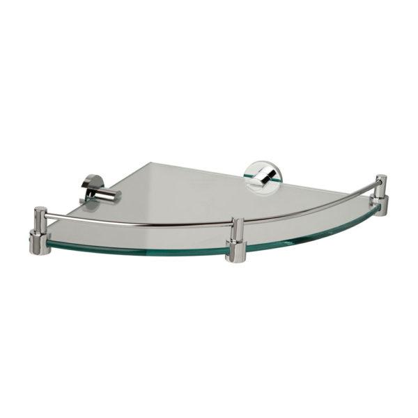 corner glass shelf with a rounded outer edge held up by two chrome brackets with circular wall plates, around the outer edge is a chrome rail.