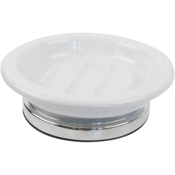 round white ceramic soap dish with chrome base