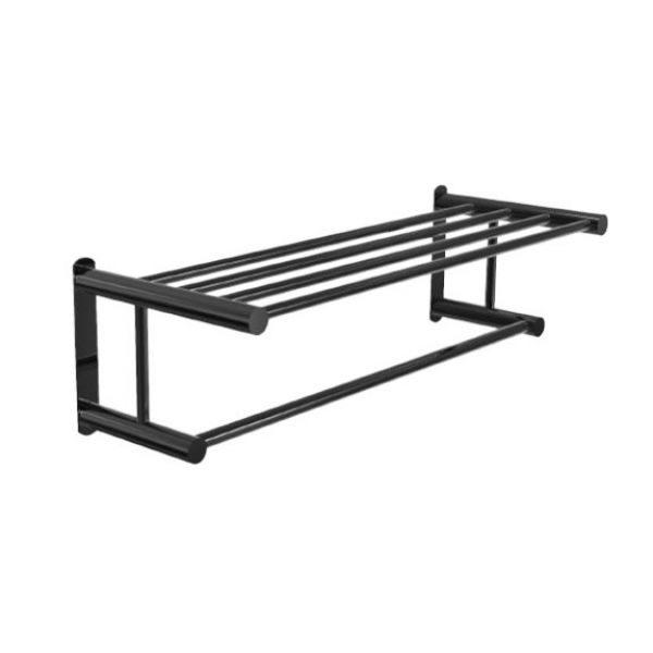 black towel rack, the top half consists of a rack of three rails that can also be used as a shelf and the second half consist of a single rail