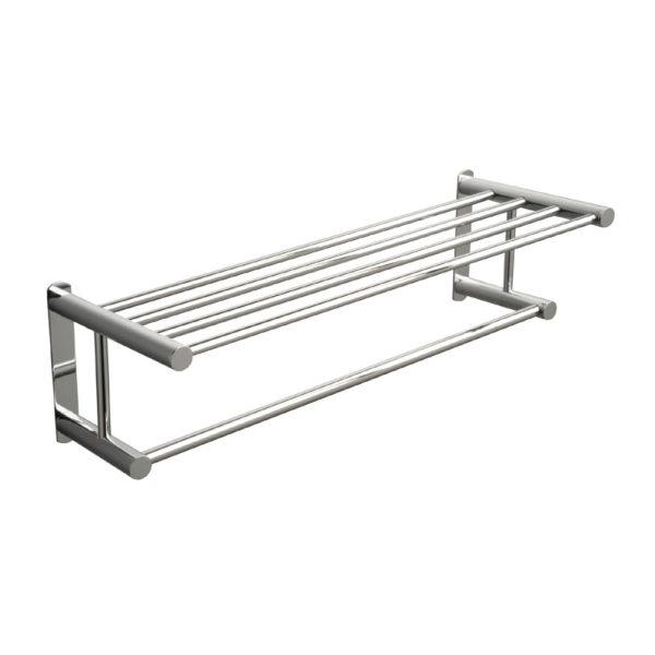 chrome towel rack, the top half consists of a rack of three rails that can also be used as a shelf and the second half consist of a single rail