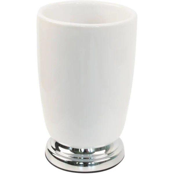 white ceramic tumbler with a round chrome base