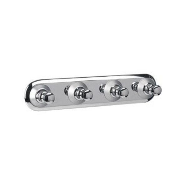 long horizontal chrome panel with rounded ends featuring 4 single robe hooks spaced evenly along it