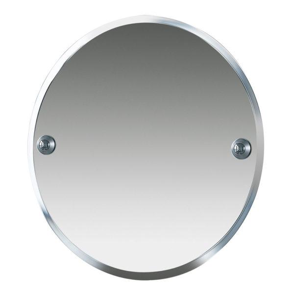 round bevelled mirror with 2 cchrome circles where the wall mounts are. the mirror's bevelled edge has a frosted glass effect to it.