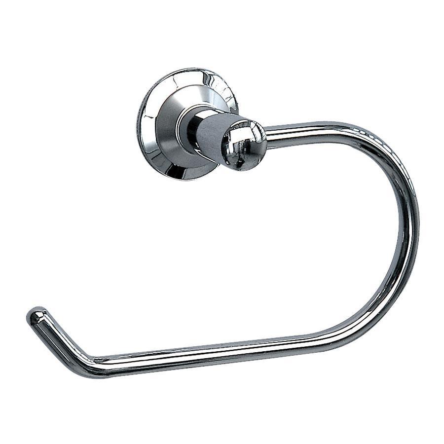 chrome toilet roll holder in a rounded hook shape and a circular wall mount