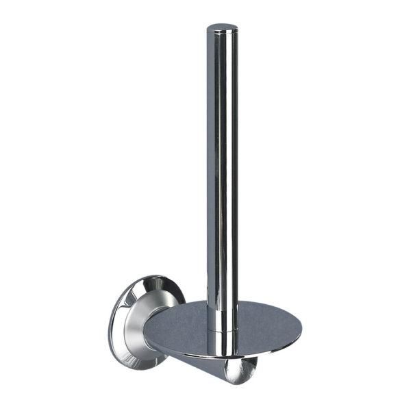 chrome upright, wall mounted spare toilet roll holder with round disk at base. the wall mount is circular in shape. and has a sircular design in both satin and shiny chrome