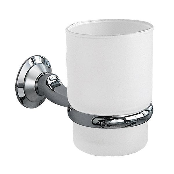 chrome tumbler holder with circular wall mount holding a white frosted glass tumbler from the bottom