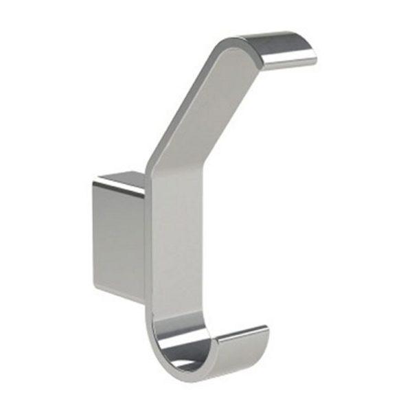 chrome double robe hook in a design consisting of a flat ribbon style bent into a hook shape with a rectangular block shaped wall mount