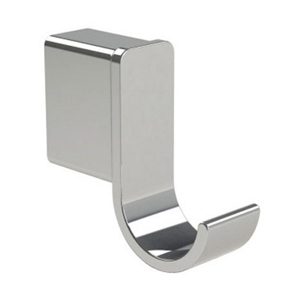 chrome single robe hook in a design consisting of a flat ribbon style bent into a hook shape with a rectangular block shaped wall mount