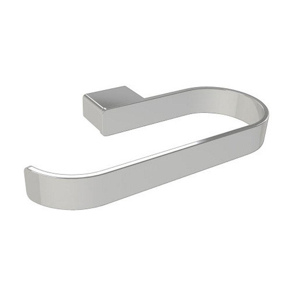 chrome toilet roll holder in a design consisting of a flat ribbon style bent into a hook shape that sticks out in a horizontal position from the wall with a rectangular block shaped wall mount