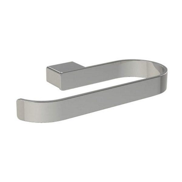 chrome towel holder in a design consisting of a flat ribbon style bent into a hook shape that sticks out in a horizontal position from the wall with a rectangular block shaped wall mount