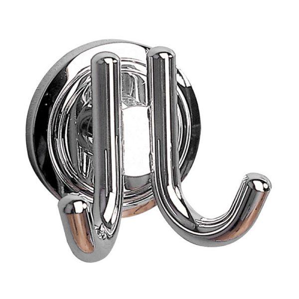 chrome double hook on a circular wall plate with an indented circular pattern