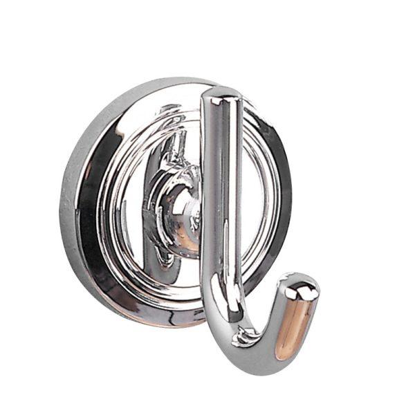 chrome single hook on a circular wall plate with an indented circular pattern