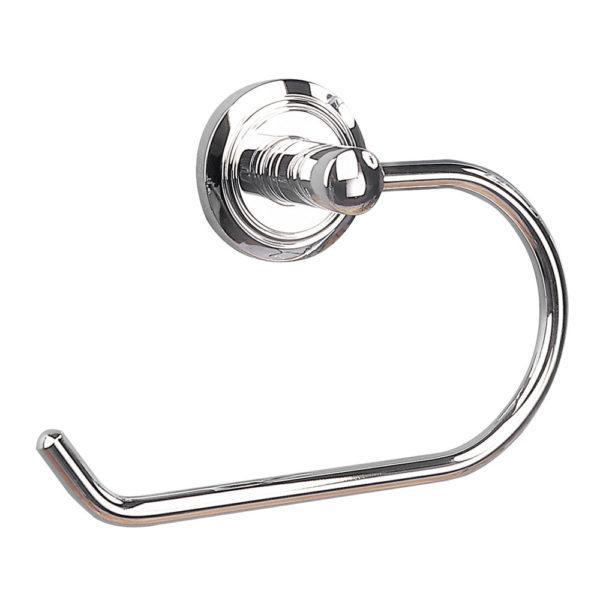 chrome hook shaped toilet roll holder with a circular wall plate with an indented circular pattern