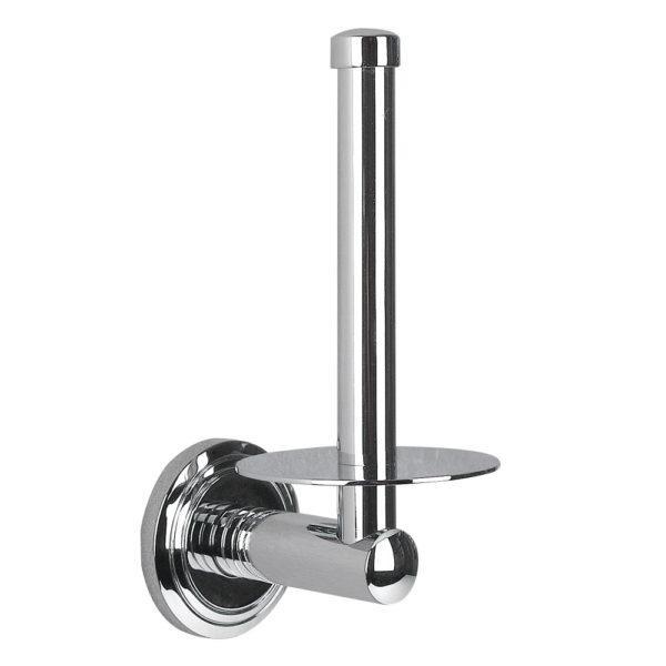 chrome spare, upright spare toilet roll holder with cicular plate at the base and a circular wall plate with an indented circular pattern