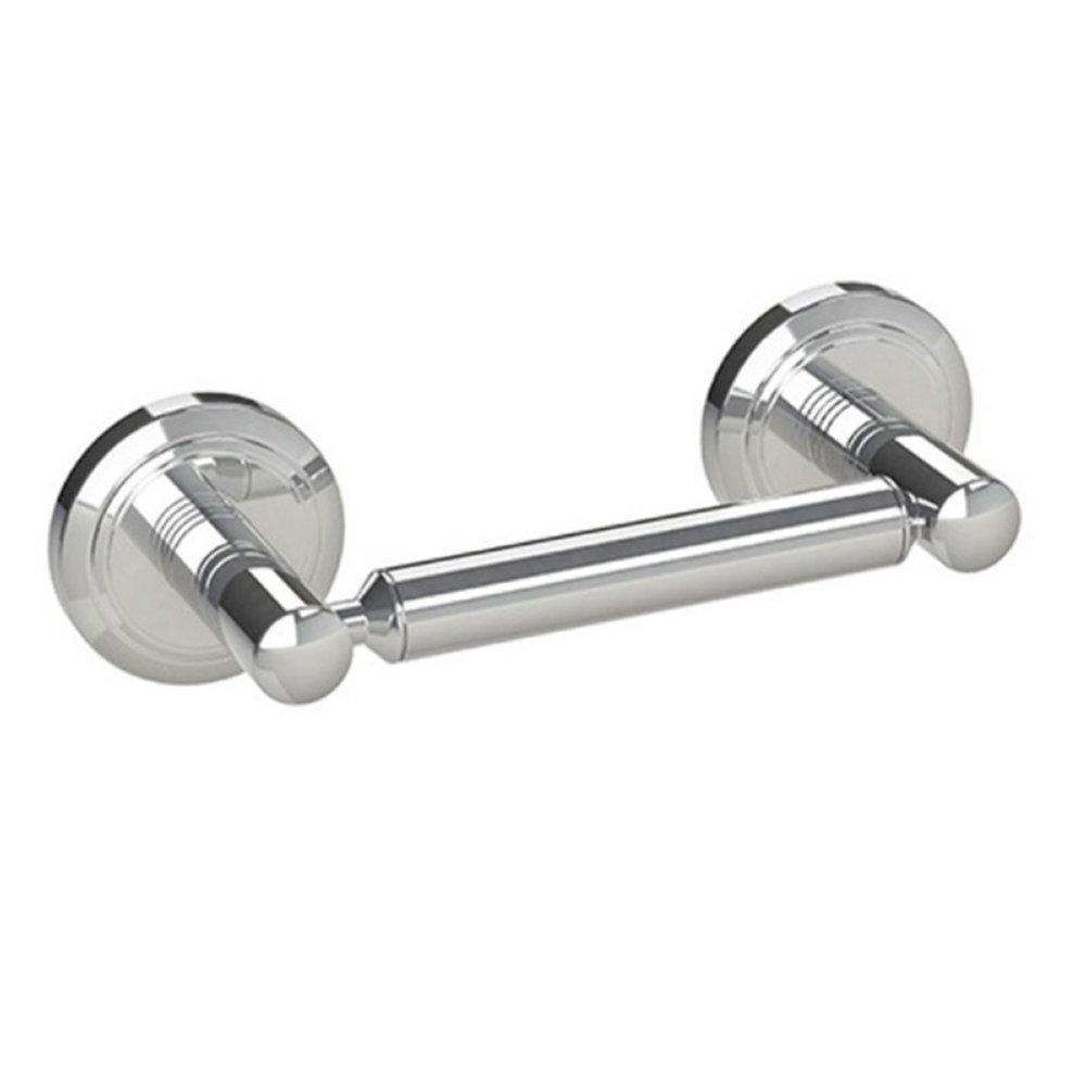 chrome double post toilet roll holder with circular wall plates with an indented circular pattern