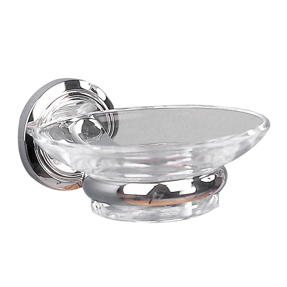 chrome soap dish holder with a circular wall plate with an indented circular pattern holding a clear glass circular soap dish