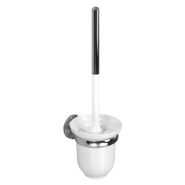 chrome toilet brush holder with a circular wall plate with an indented circular pattern holding a white ceramic tumbler from near the the top holding a white ceramic holder containing a white and chrome toilet brush