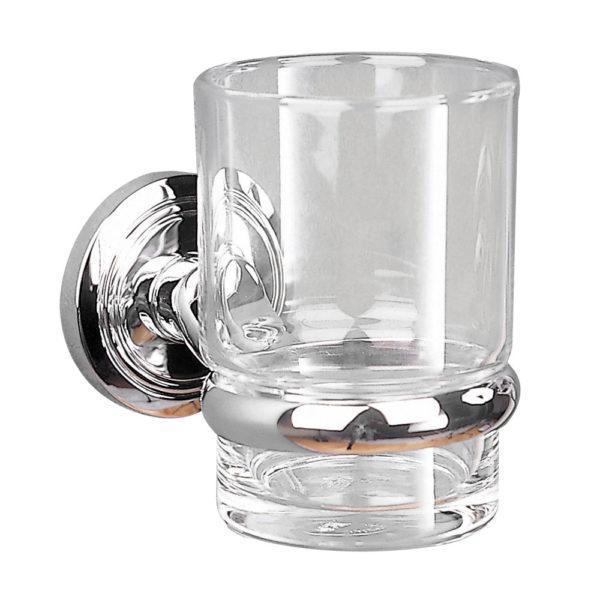 chrome tumbler holder with a circular wall plate with an indented circular pattern holding a clear glass tumbler from near the the basee
