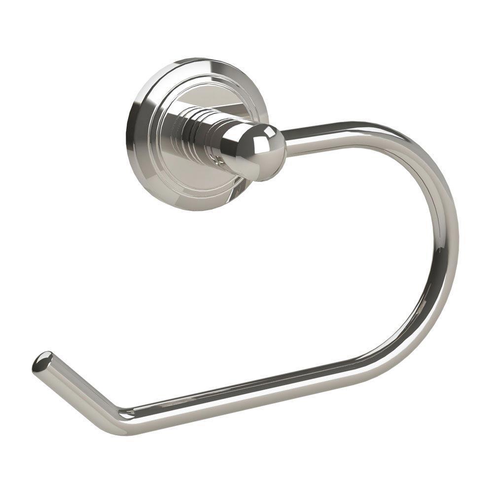 Nickel hook shaped toilet roll holder with a circular wall plate with an indented circular pattern