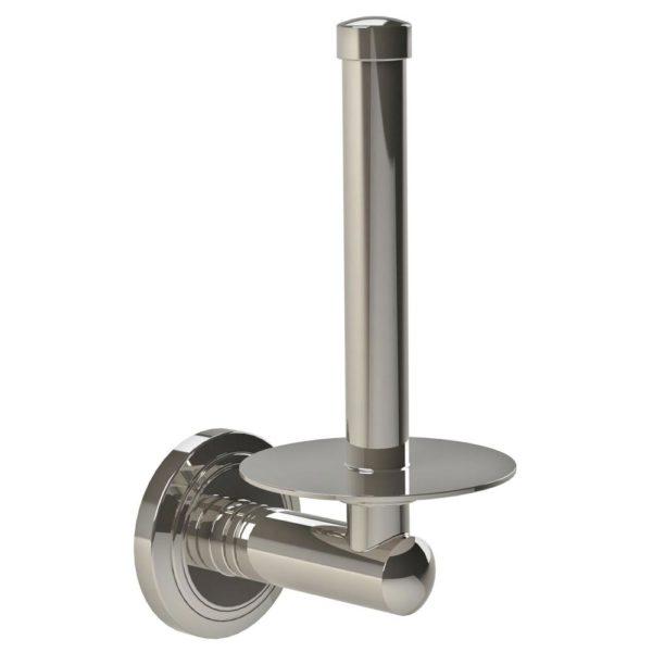 Nickel spare, upright spare toilet roll holder with cicular plate at the base and a circular wall plate with an indented circular pattern