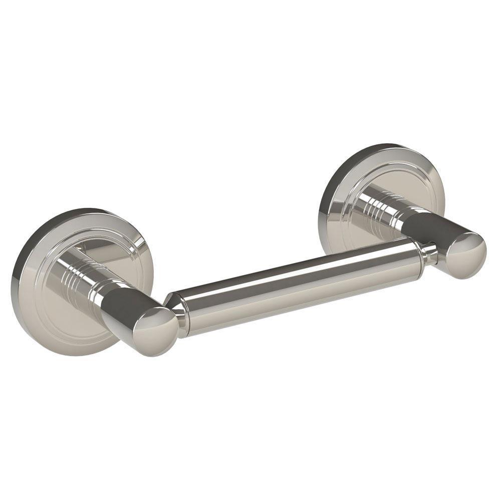 Nickel double post toilet roll holder with circular wall plates with an indented circular pattern