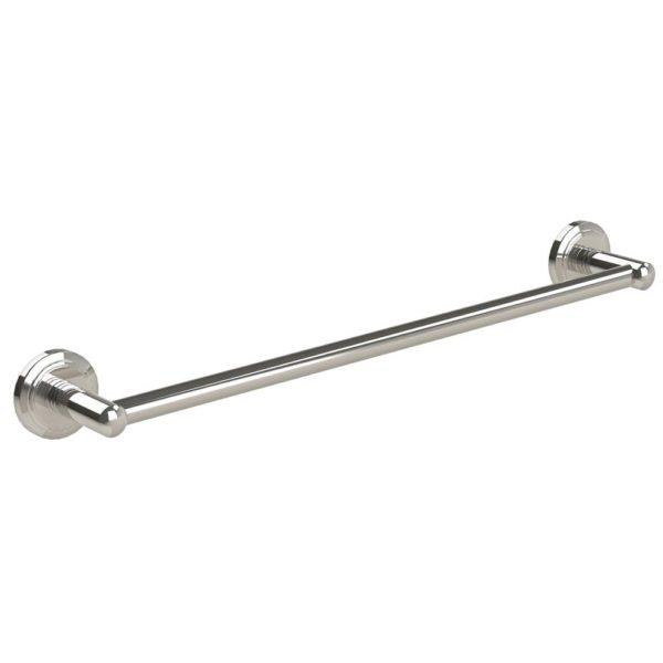 Nickel single towel rail with a circular wall plate with an indented circular pattern on each end