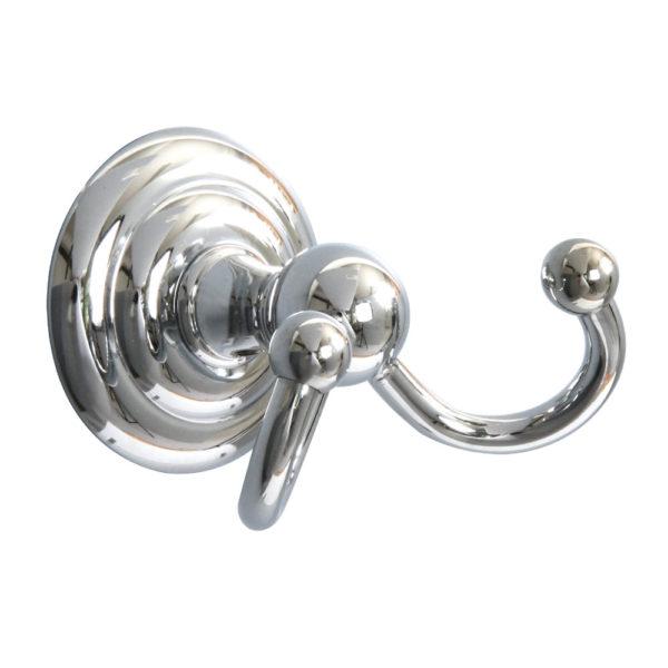 chrome double hook on a circular wall plate on the end of each hook is a small chrome sphere