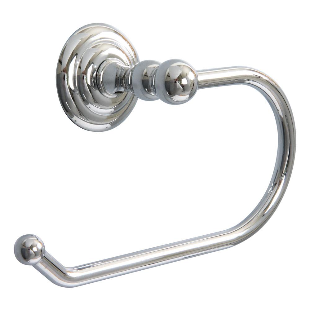chrome hook shaped toilet roll holder with a circular wall plate on the end of the holder is a small chrome sphere
