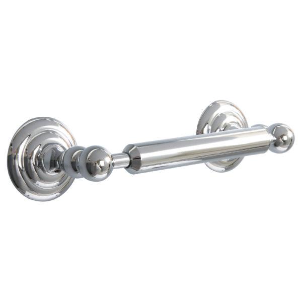 chrome double post toilet roll holder with circular wall plates.