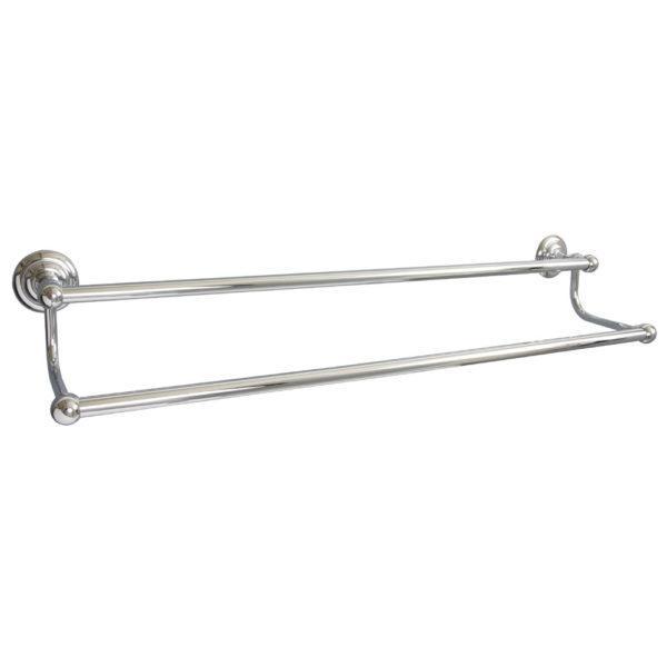 double towel rail with a circular wall plate on each end. on each end of the rails is a small chrome sphere