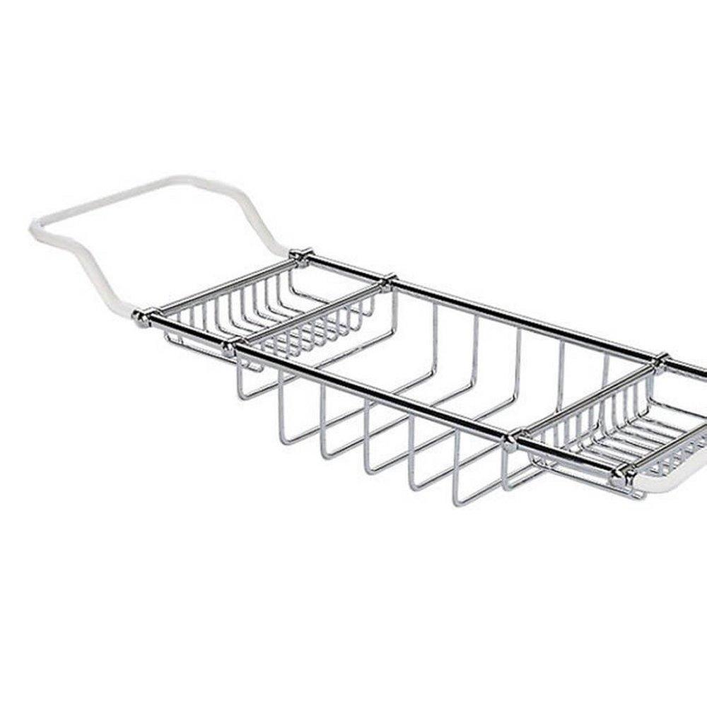 chrome over bath basket with one larger middle section and two smaller, shallower ones on each side. the arms that hang over the edges of the bath have a white plastic coating