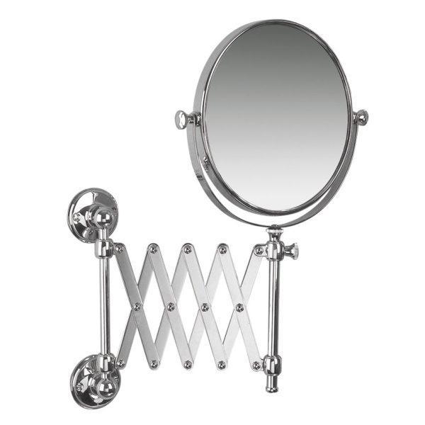 small round mirror with swivel hinge on an extending arm that folds in and out. the non mirror parts are chrome plated.
