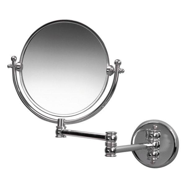 round mirror on swivel hinges on an extending arm consisting of two straight poles and a swivel hinge in tehe centre. it attaches to a round wall plate with another swivel hinge. the not mirror parts are chrome plated