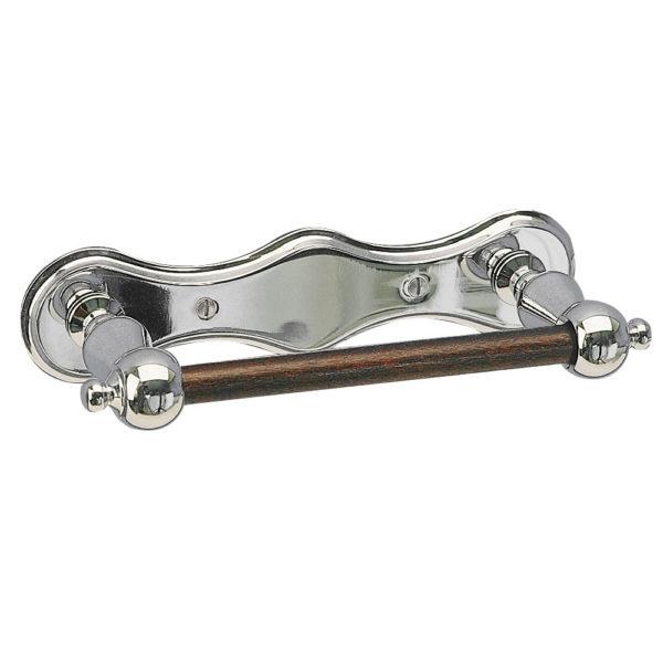 chrome doubke post roll holder with brown wooden bar