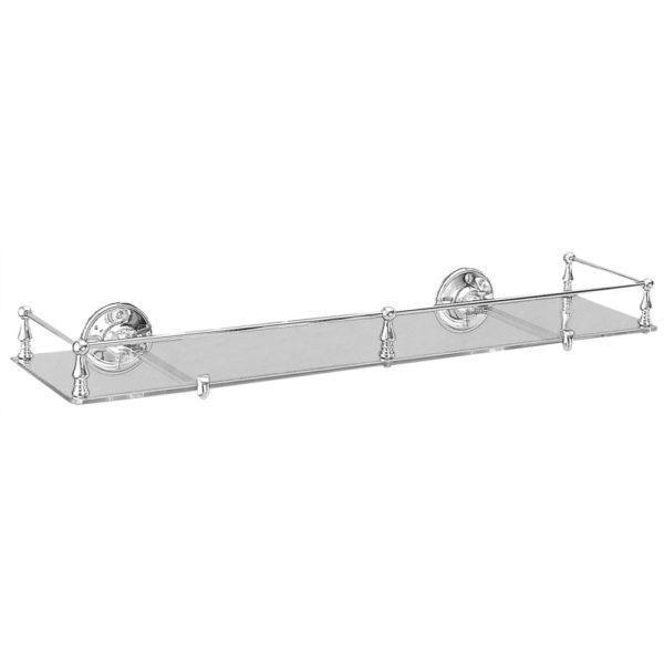 rectangular, clear glass shelf and circular wall plates. the shelf has guard rail spanning round all 3 non wall sided edges