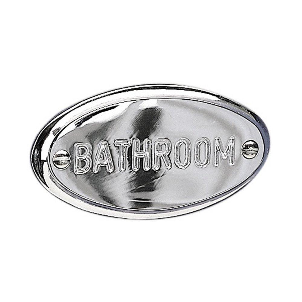 chrome oval sign with the word 'BATHROOM' engraved on it in upper case in a sans-serif font.