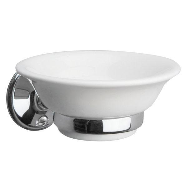 chrome soap dish holder with a circular wall plate holding a deep white ceramic circular soap dish