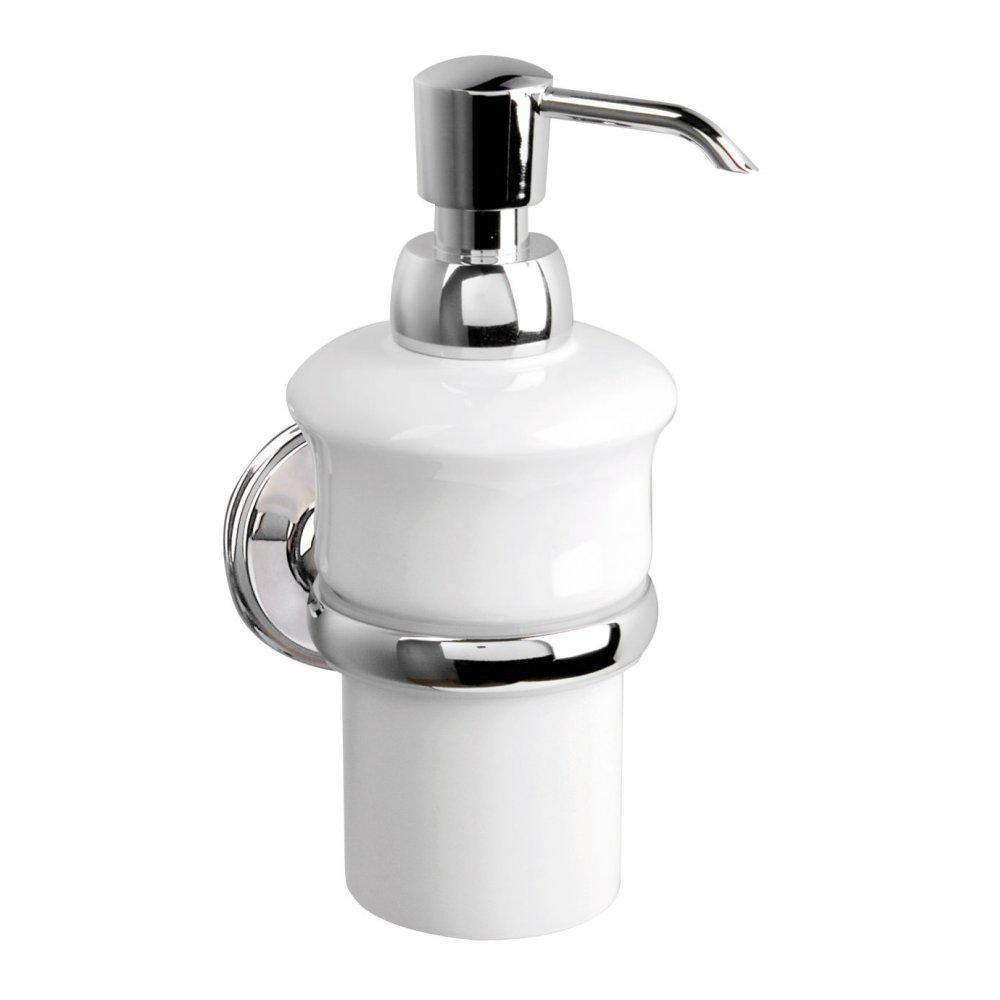 chrome soap dispenser holder with a circular wall plate holding a white ceramic bottle from near the the middle. the bottle has a chrome pump head
